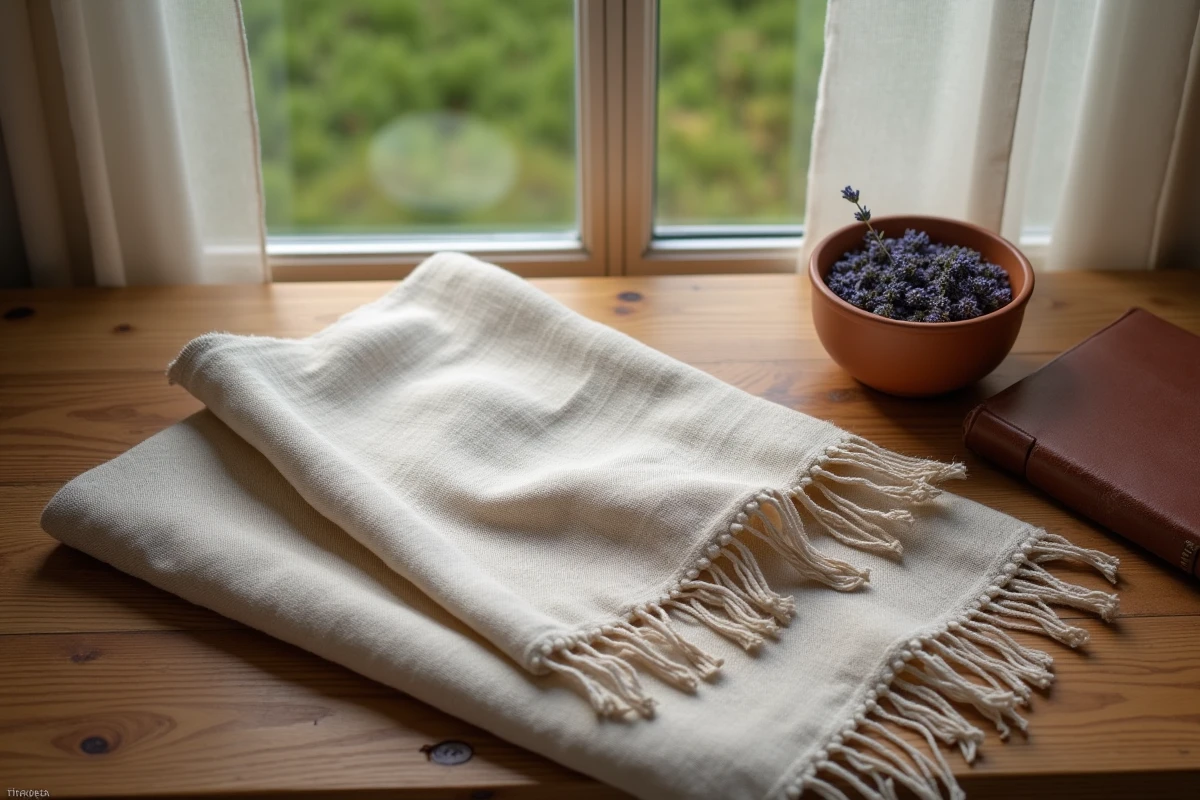 Foulard chèche en lin naturel brut en flat lay sur bois brut avec lavande séchée et carnet de voyage