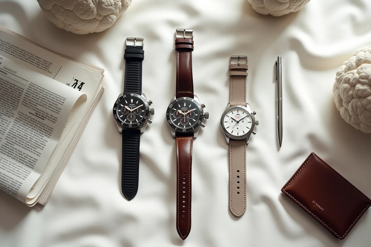 Flat-lay de trois montres à différents prix sur lin blanc avec accessoires élégants, style éditorial pour article sur montres de luxe