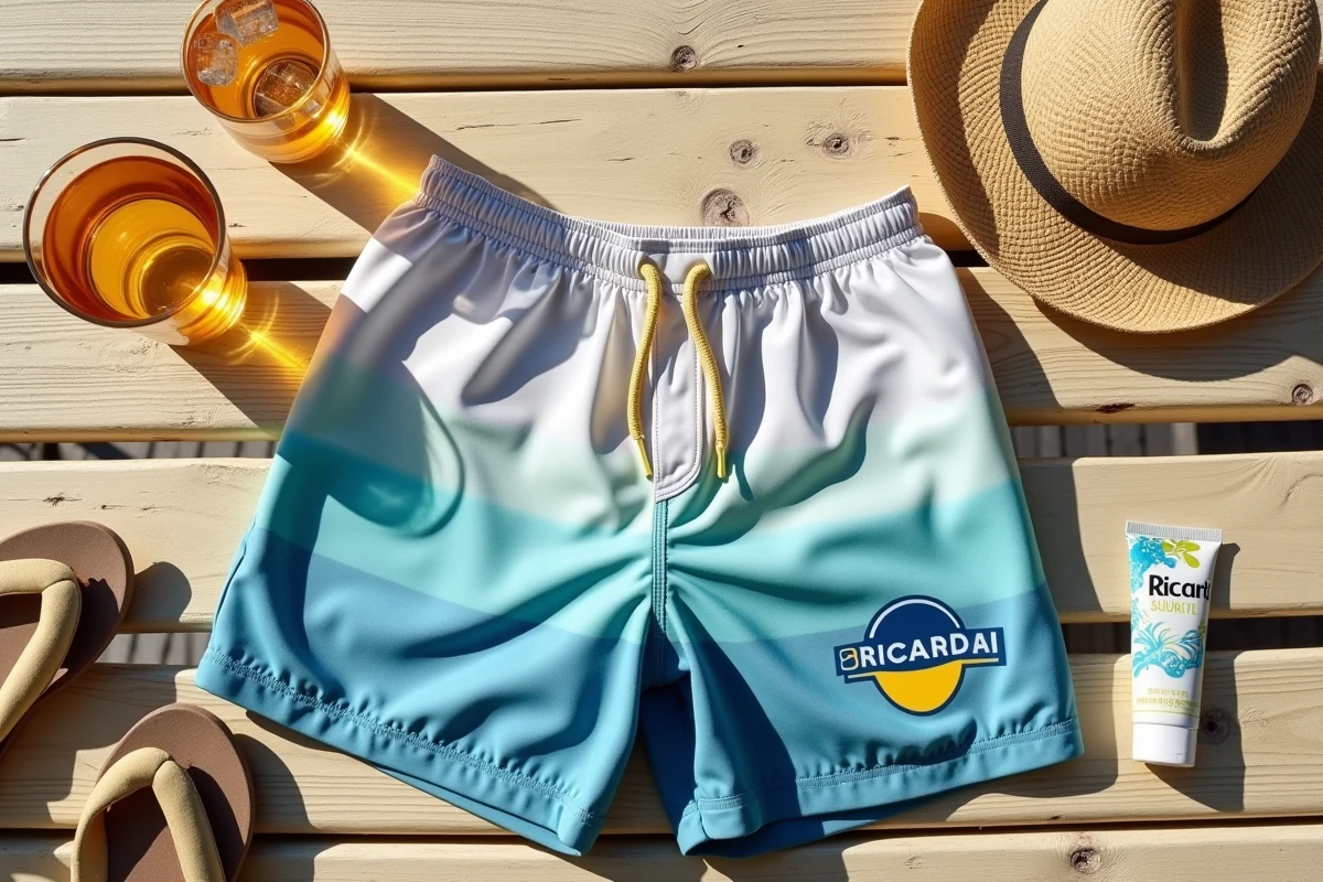 Flat lay estival d'un short de bain Ricard avec accessoires de plage sur table en bois patiné