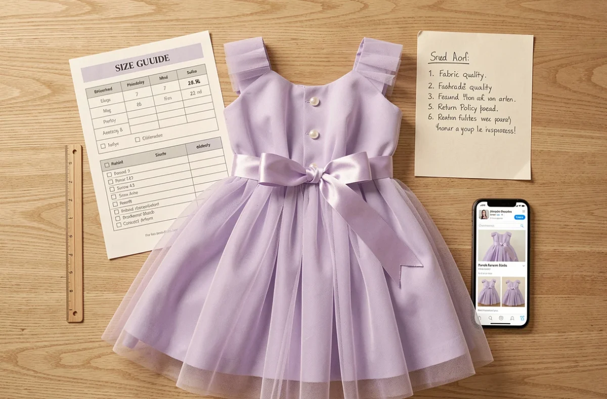 Flatlay d'une robe princesse lavande avec guide des tailles et checklist d'achat en ligne