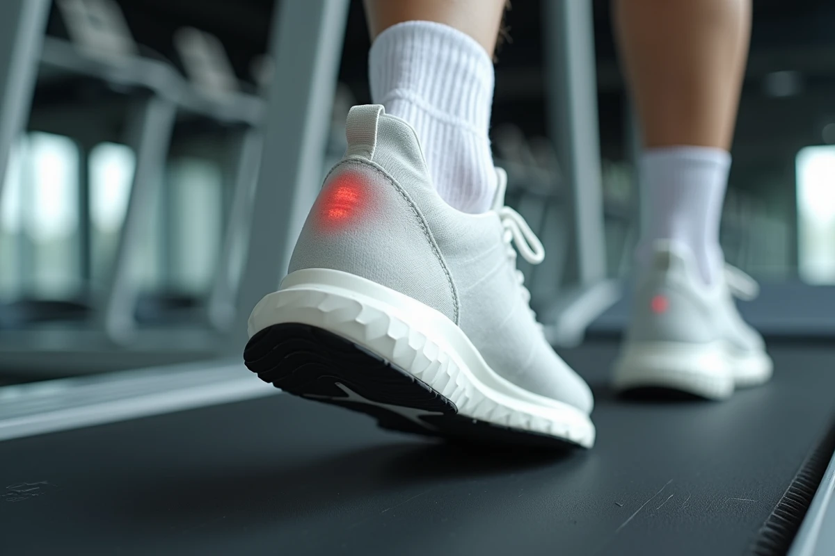 Gros plan sur le talon décollé d'une chaussure de running trop grande montrant des rougeurs de friction sur la peau