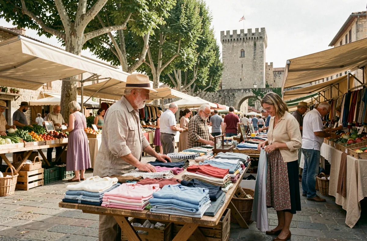 Stand de friperie au marché de Villeneuve-lès-Avignon avec vêtements vintage sous une bâche de marché