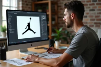 Graphiste travaillant sur un logo Air Jordan en vectoriel sur son écran de design professionnel