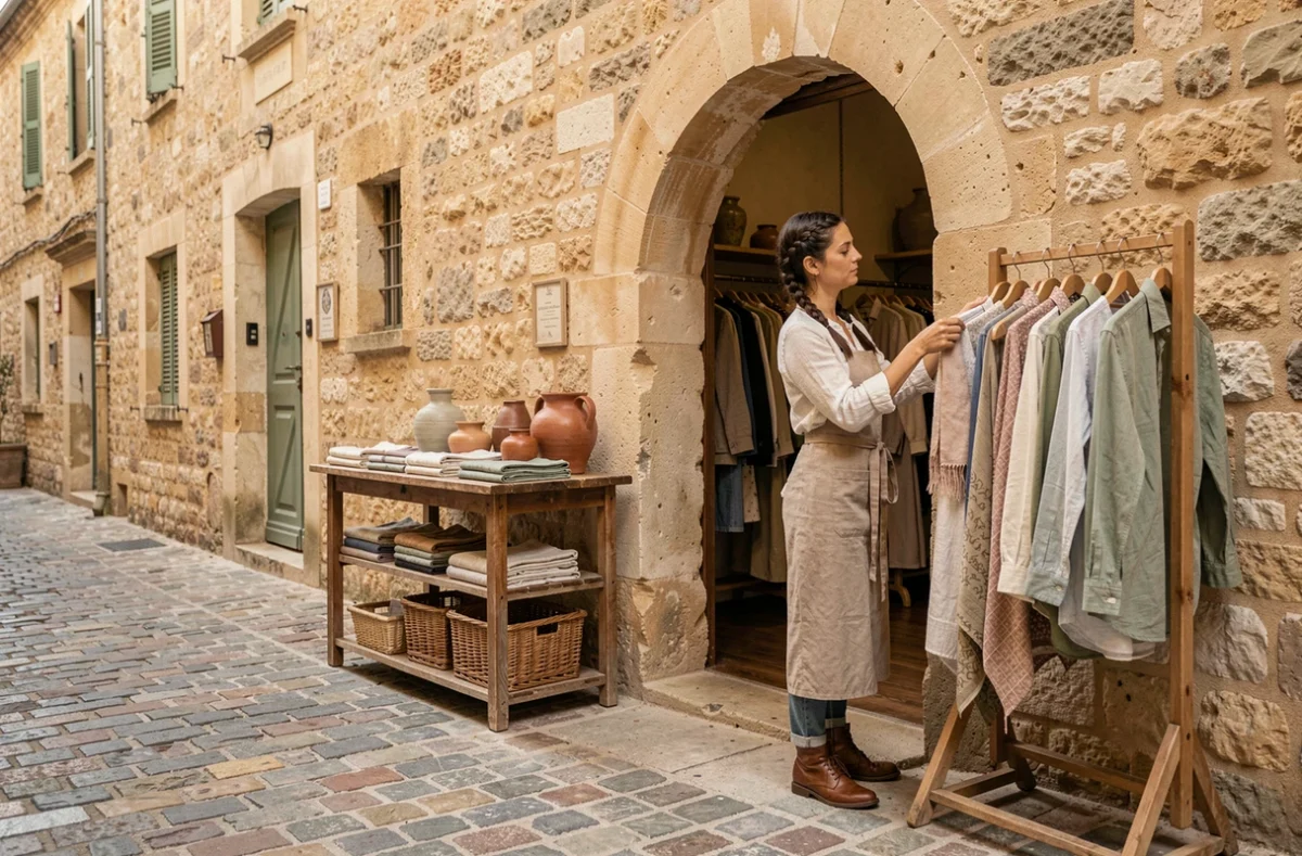 Friperie Le Grenier d'Uzès dans une ruelle médiévale avec vêtements vintage et devanture en pierre