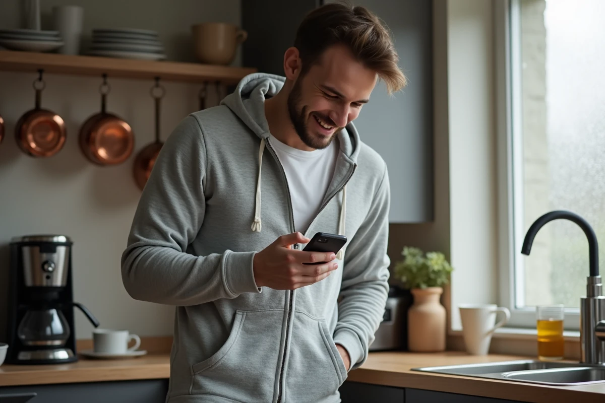 Homme portant une grenouillère à capuche grise dans une cuisine chaleureuse en regardant son téléphone