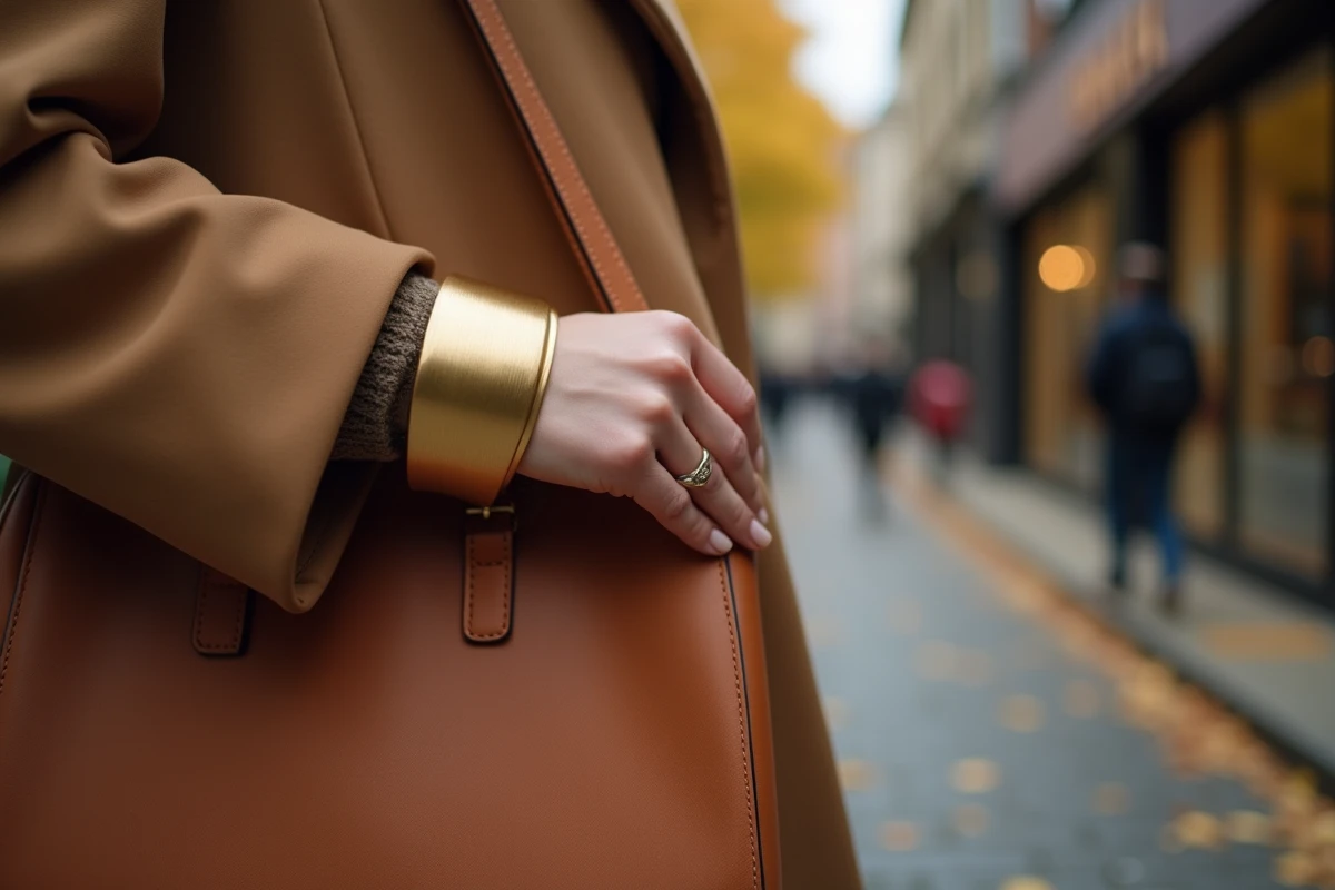 Gros plan d'un large bracelet doré brossé au poignet d'une femme portant un sac en cuir beige dans une rue pavée en automne