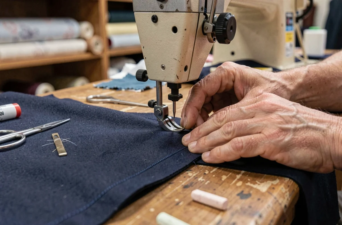 Gros plan sur les mains d'un tailleur cousant du tissu en laine sur une machine à coudre professionnelle dans un atelier de couture à Nice