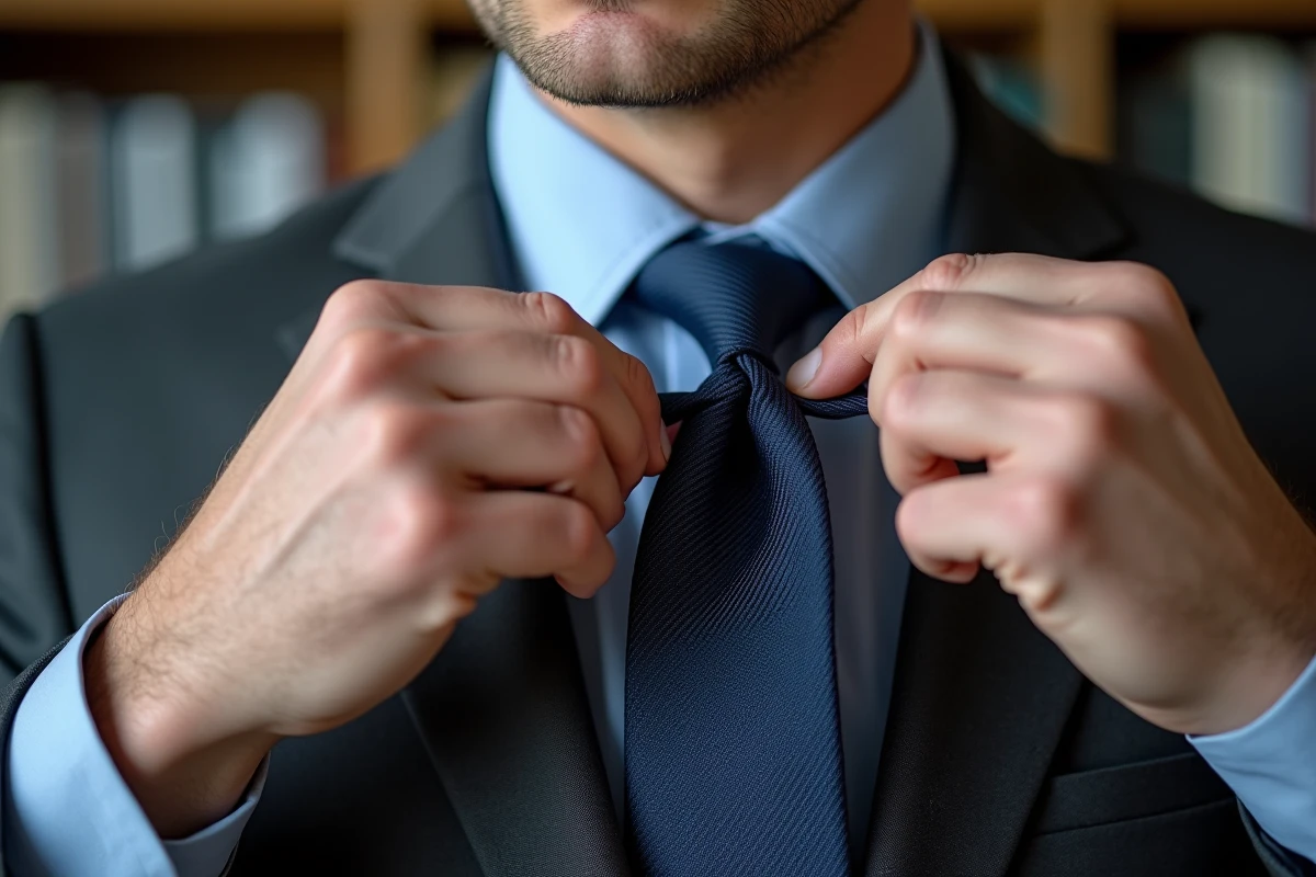 Gros plan sur les mains d'un homme faisant un nœud de cravate double Windsor en costume gris