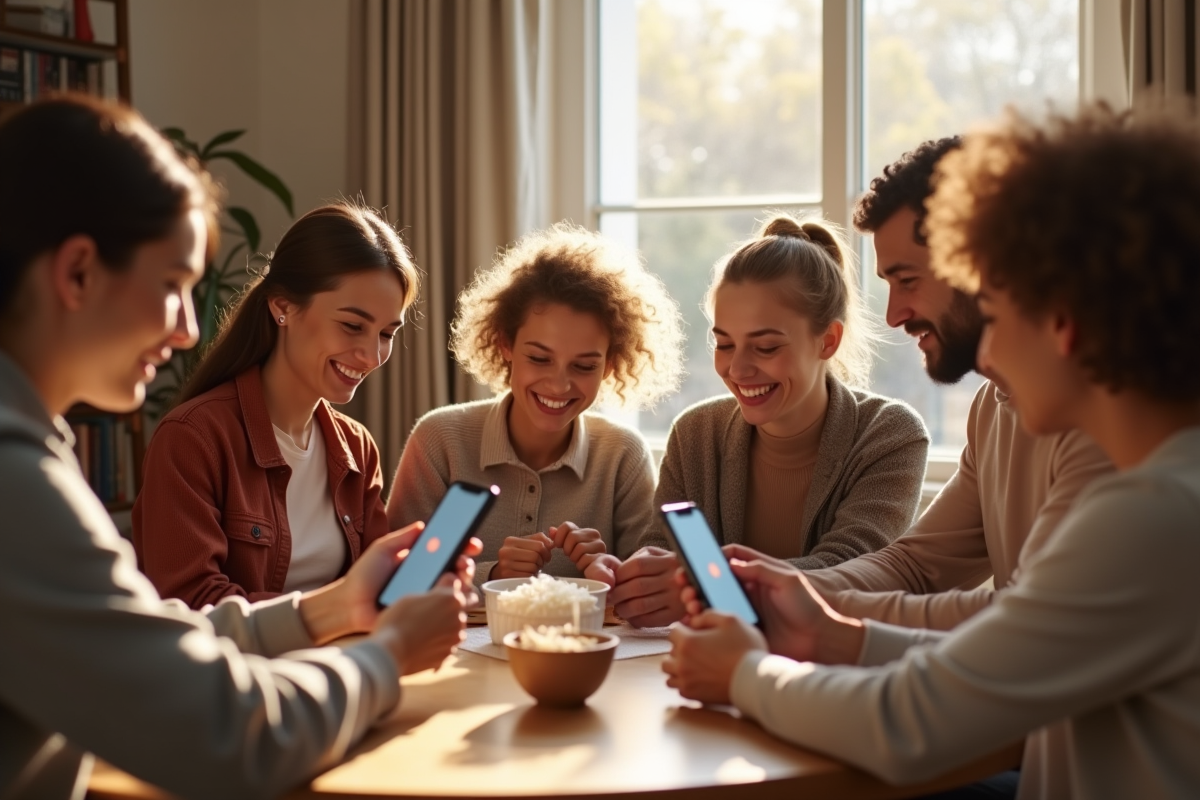 Groupe de personnes essayant des coiffures avec une application