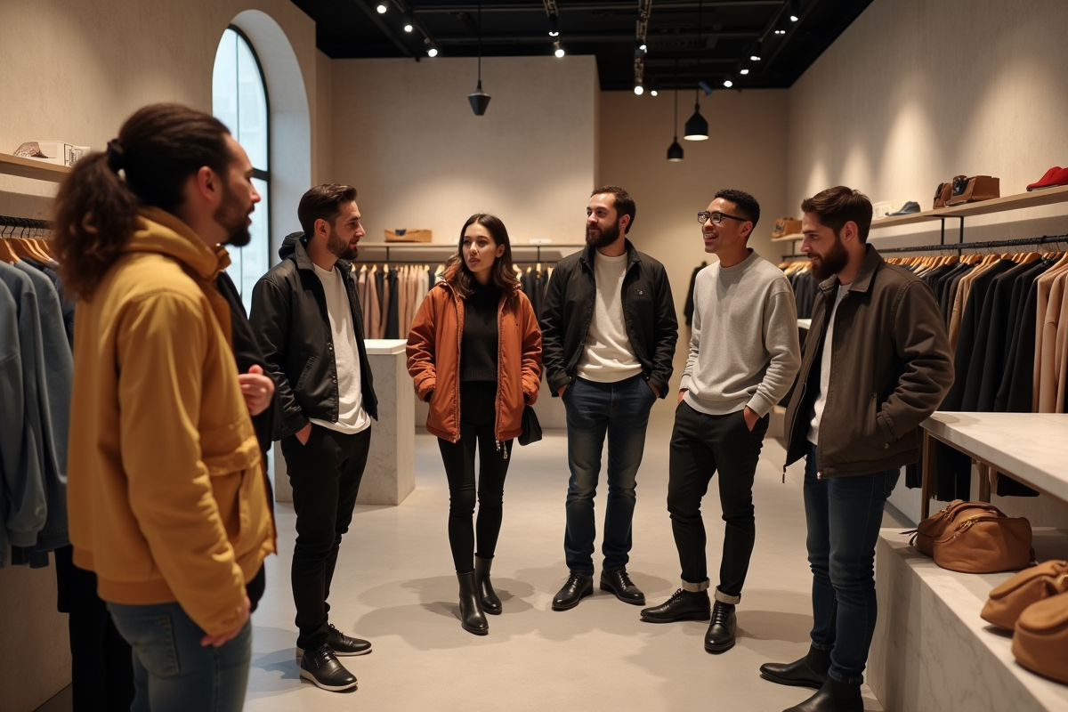 Groupe diversifié dans un showroom de mode contemporain