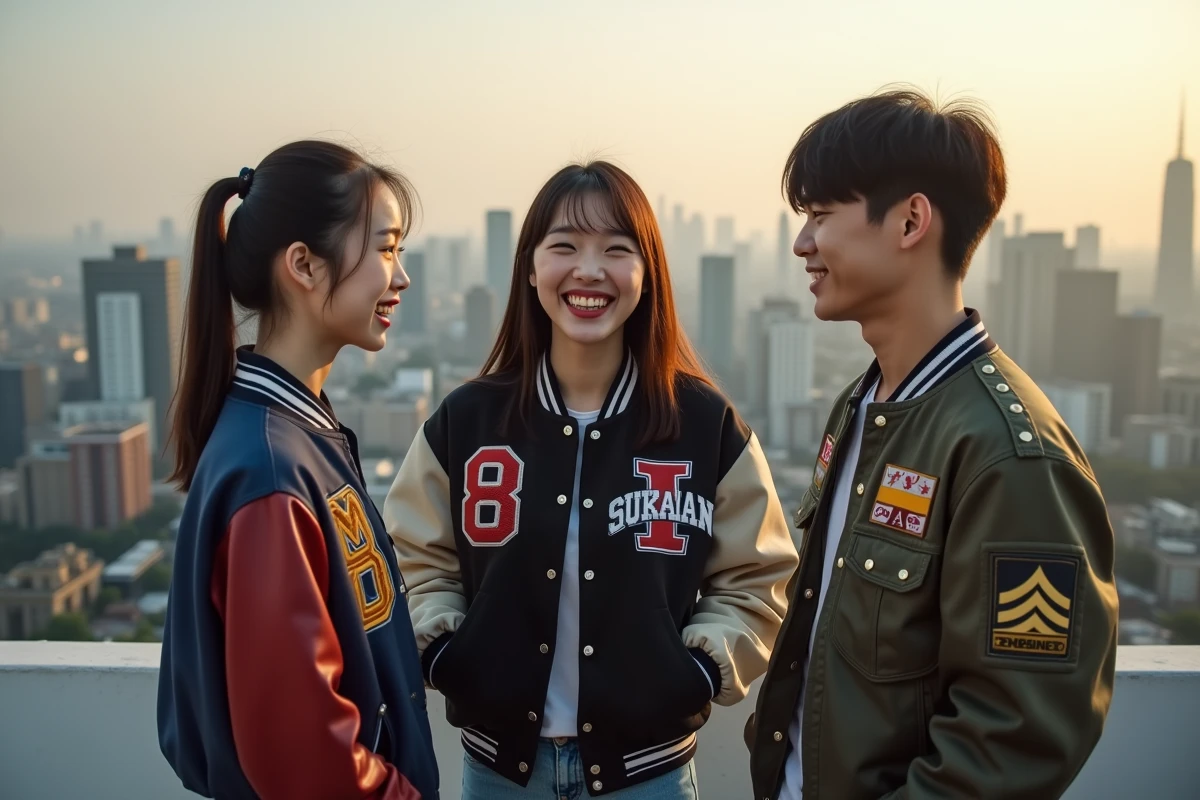 Groupe de trois jeunes amis portant différents styles de jackets souvenir sur un toit avec vue sur la ville, symbolisant la diversité des sous-cultures et l'esprit de rébellion