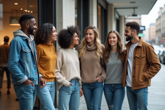 Groupe de jeunes adultes urbains en tenues tendance devant un centre commercial