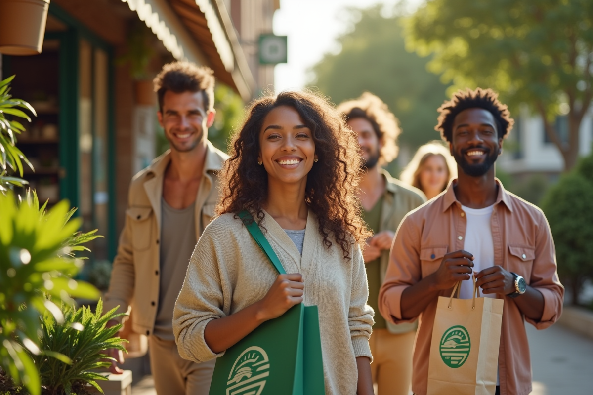Groupe de personnes avec sacs réutilisables devant un magasin écologique