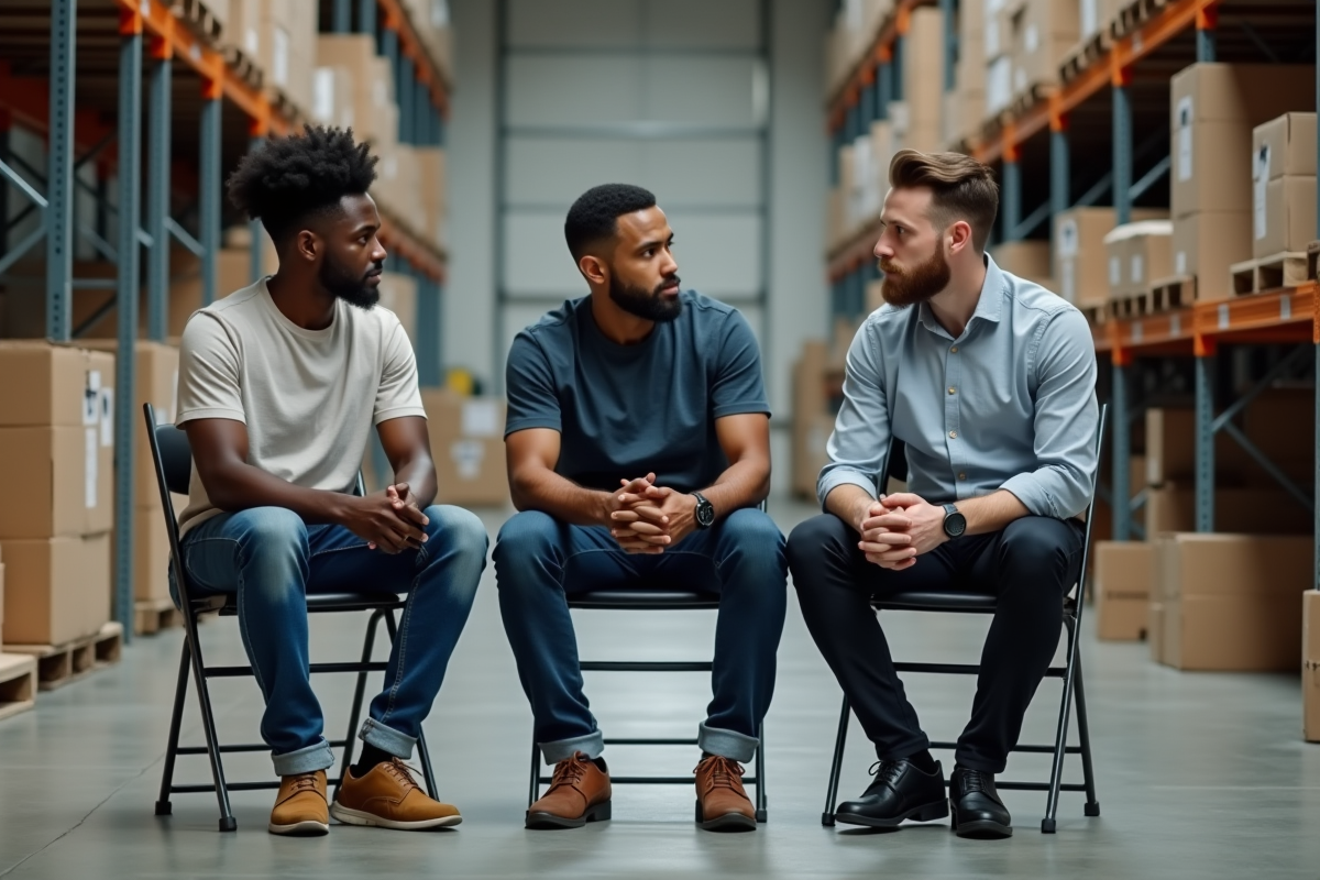 Trois employés de magasin discutant dans un stock de stockage