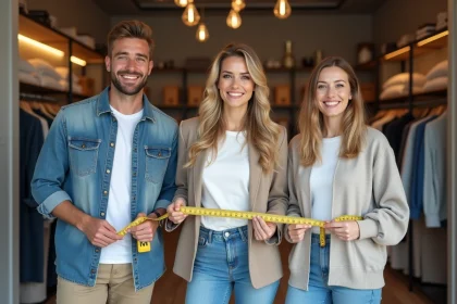 Groupe de trois adultes souriants dans une boutique de vêtements