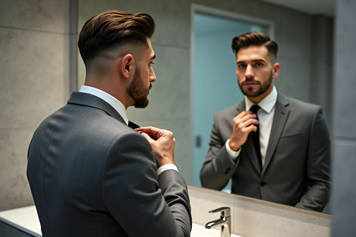 Jeune homme en costume gris ajustant sa cravate dans un miroir