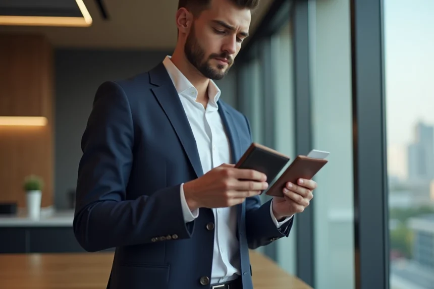 Jeune homme d'affaires compare portefeuille en bureau