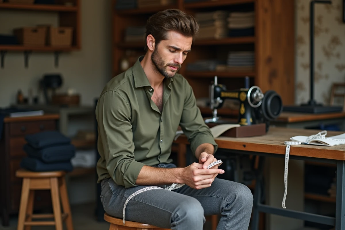 Homme assis dans un atelier de couture avec un pantalon taille 30 et un mètre ruban pour comprendre les mesures
