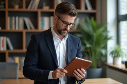 Homme en blazer examinant un clutch en cuir marron