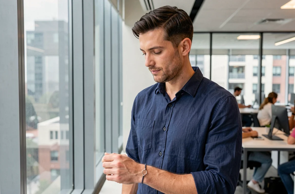 Homme en bureau moderne regardant son bracelet connecté pour couple longue distance d'un air pensif