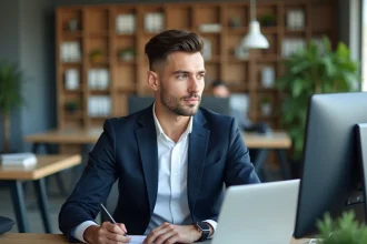 Homme en blazer navy dans un bureau moderne et lumineux