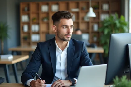 Homme en blazer navy dans un bureau moderne et lumineux