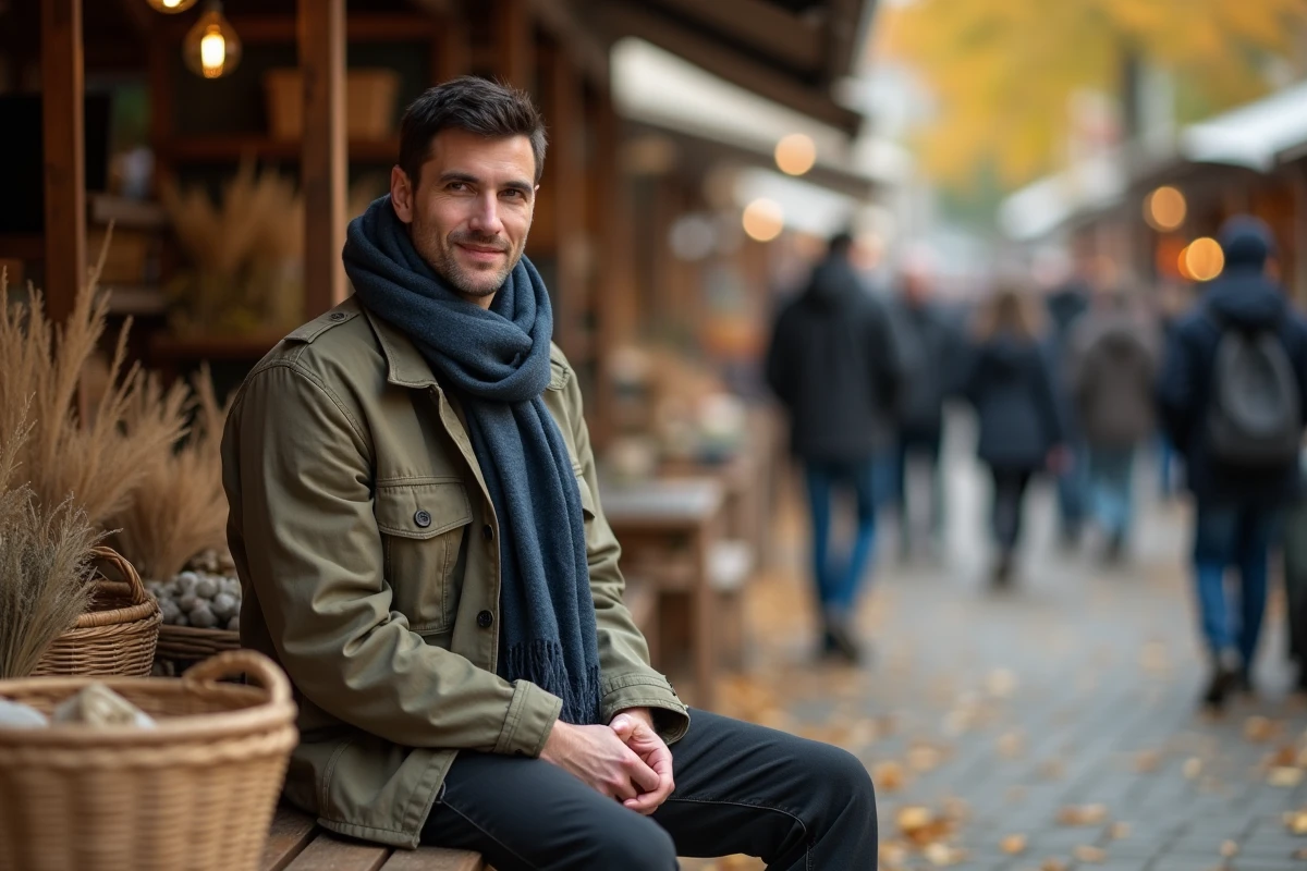 Homme avec un chèche en lin bleu ardoise autour du cou assis dans un marché d'automne en plein air