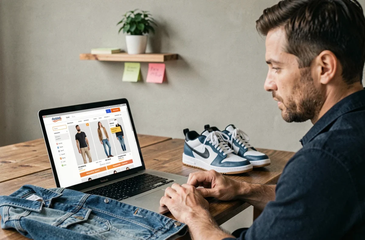 Homme comparant des offres mode sur ordinateur portable, avec des vêtements posés sur son bureau pour évaluer ses achats en ligne