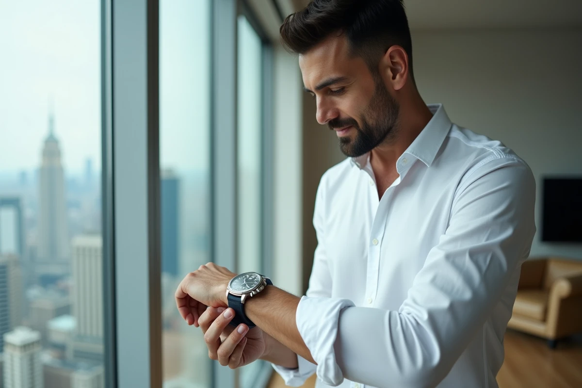 Homme en chemise blanche comparant deux montres de luxe devant une fenêtre panoramique urbaine, style éditorial magazine