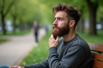 Homme barbu assis dans un parc urbain contemplatif