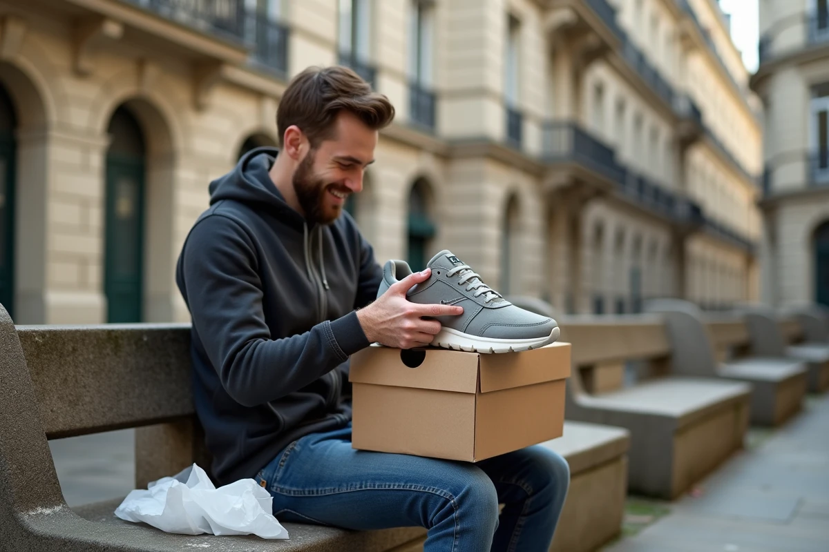 Jeune homme déballant une paire de baskets françaises dans une cour parisienne, expression de satisfaction lors de la découverte du cadeau ou de l'achat