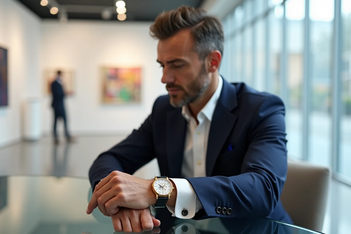 Homme élégant en costume marine portant une montre en or jaune à complications dans une galerie d'art contemporaine
