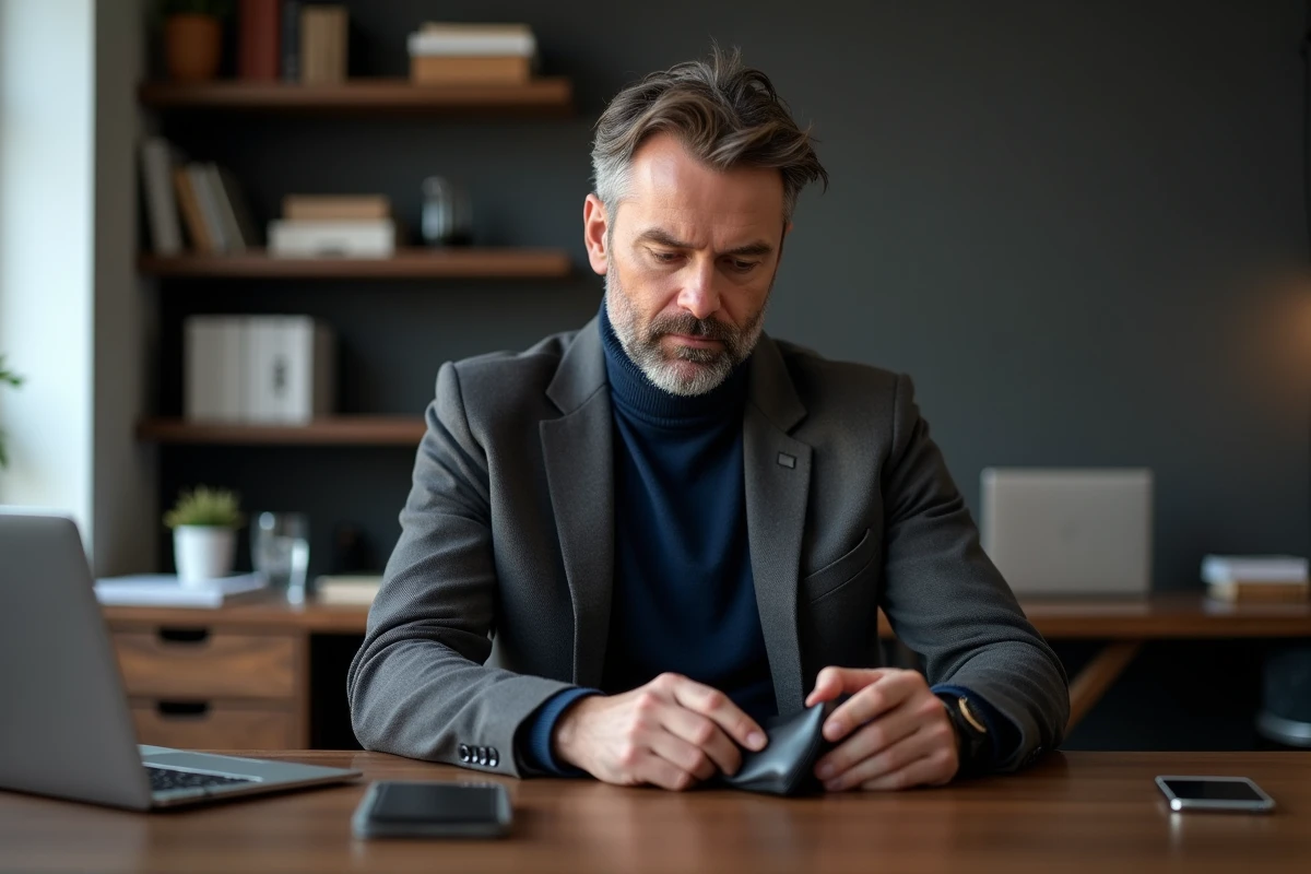 Homme en costume entretenant son porte-cartes en cuir noir au bureau avec un chiffon doux