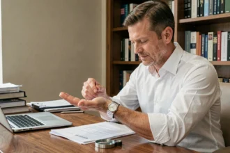 Un homme en chemise blanche examine une montre de luxe Rolex dans un bureau élégant, symbolisant l'investissement horloger