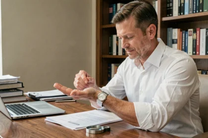 Un homme en chemise blanche examine une montre de luxe Rolex dans un bureau élégant, symbolisant l'investissement horloger