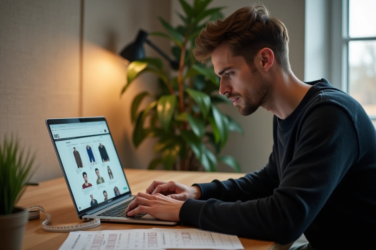 Homme consultant le guide des tailles IKKS sur un ordinateur portable à la maison