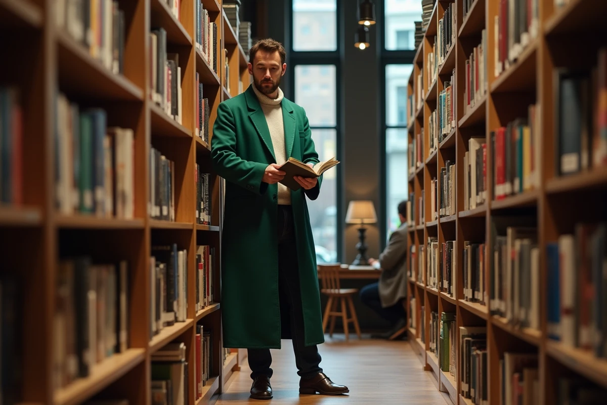 Homme en robe verte lisant dans une librairie chaleureuse