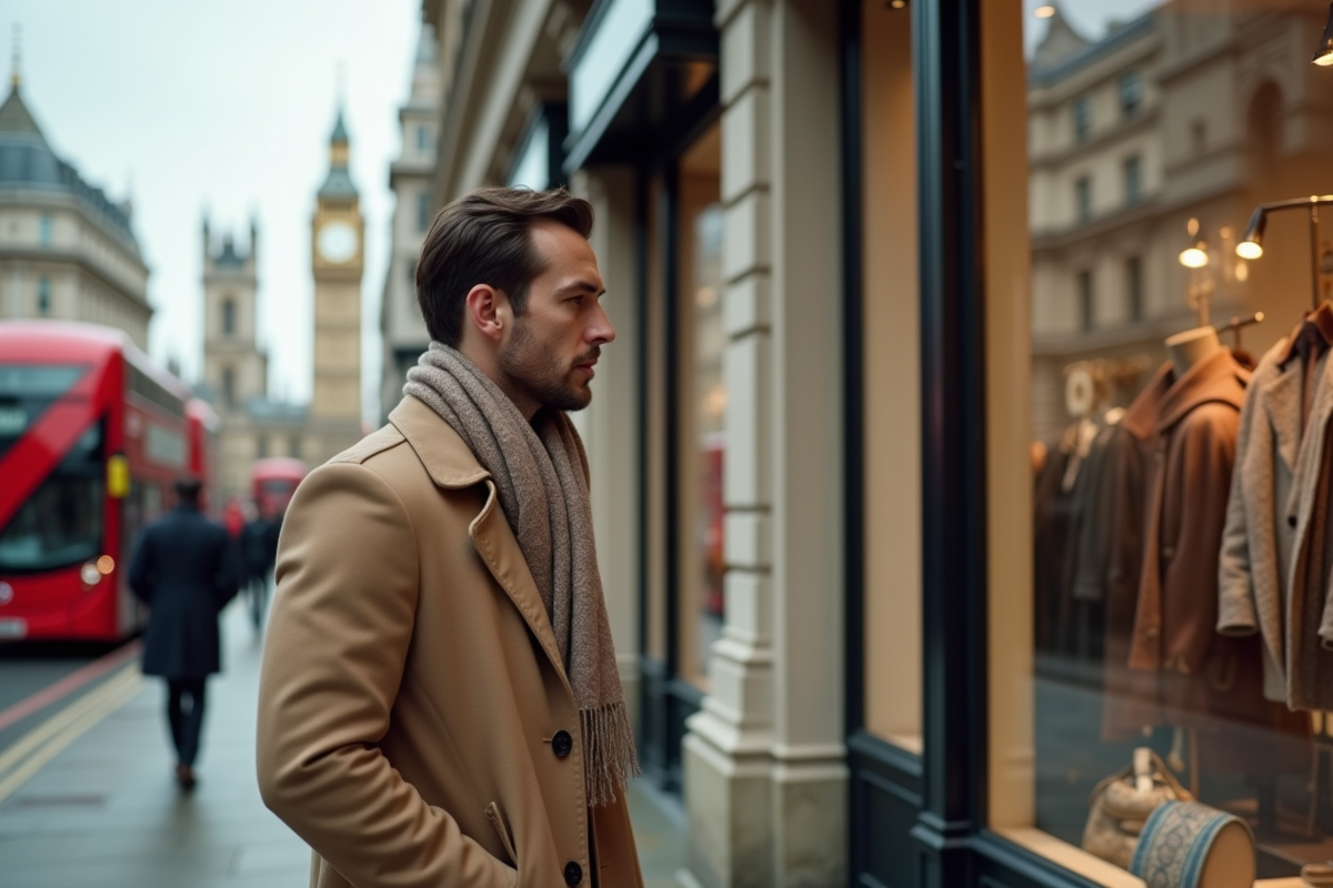 Homme en manteau regardant vitrine à Londres