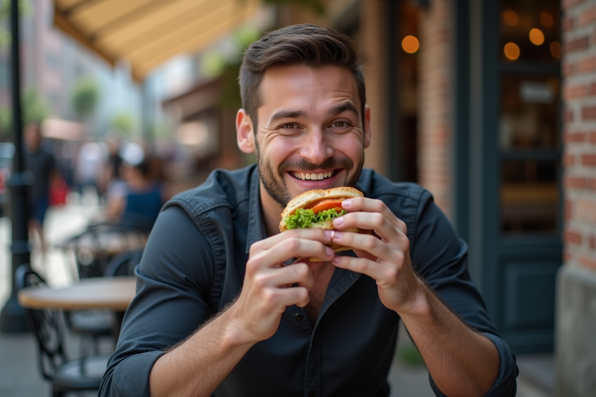 Homme détendu mangeant un sandwich en terrasse de restaurant