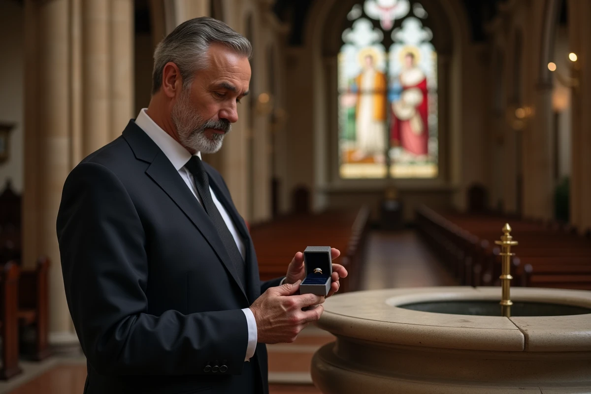 Homme en costume tenant une bague de baptême en or blanc