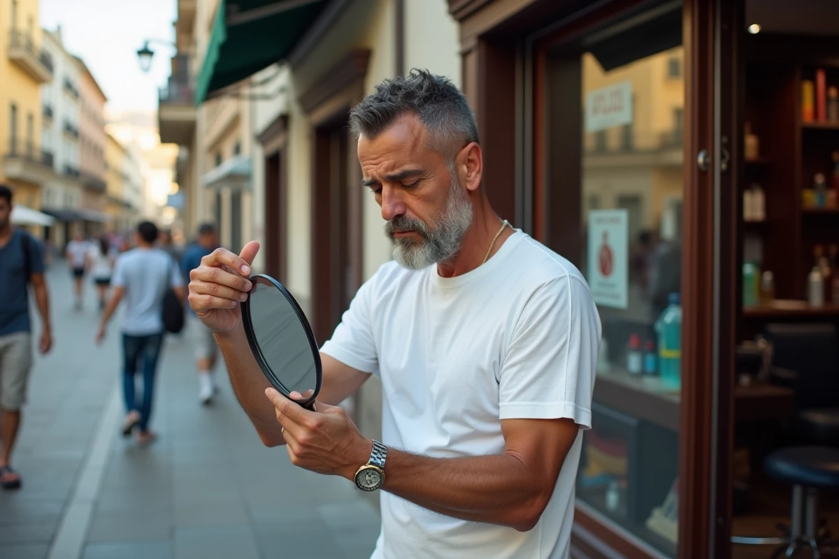 Homme espagnol inspecte sa coupe de cheveux dans un miroir de rue