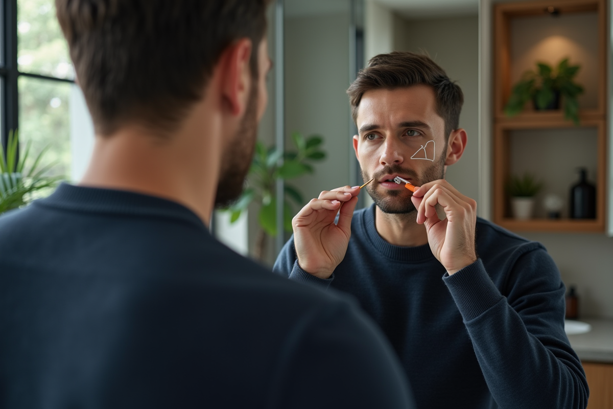 Homme se traçant le contour du visage devant miroir