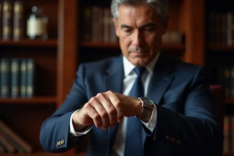Homme en costume marine examinant une montre mécanique de luxe dans un bureau raffiné en bois sombre