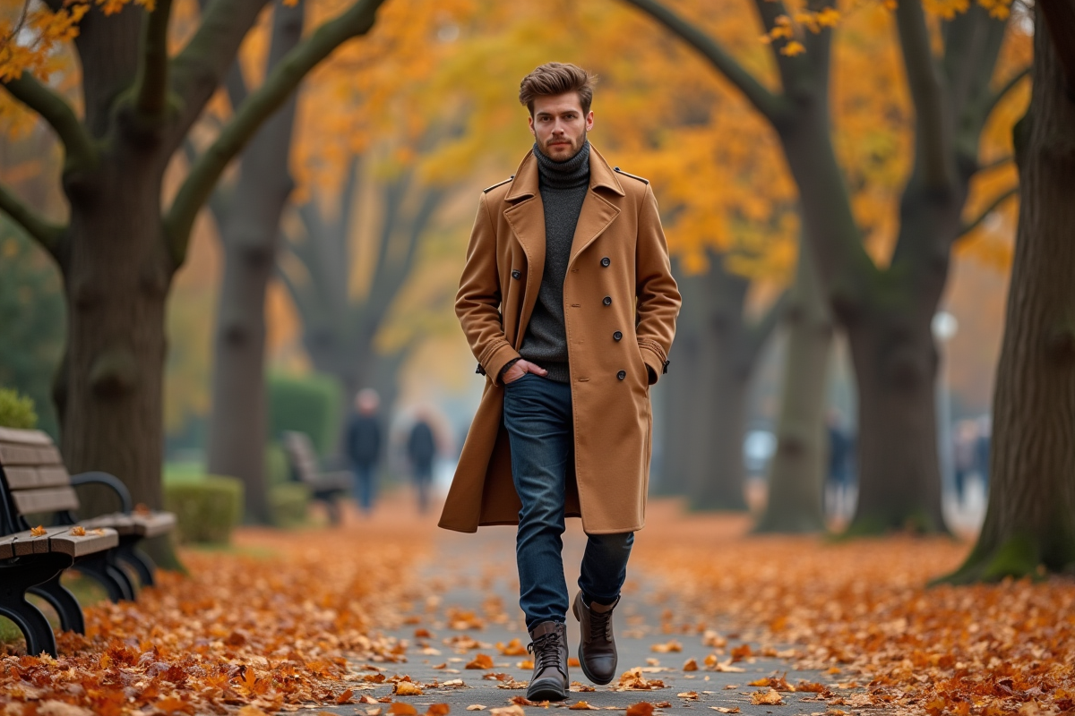 Homme en trench camel dans un parc automnal