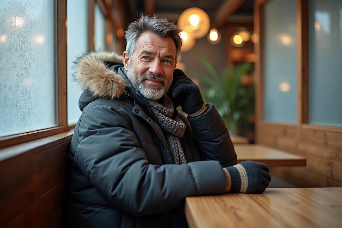 Homme relaxe ajustant sa parka dans un cafe chaleureux