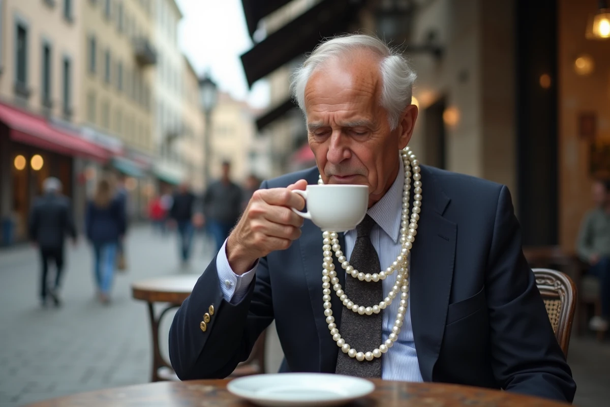 Homme portant un collier de perles au café en ville