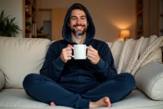 Homme en pyjama grenouillère à capuche bleu marine assis sur un canapé confortable avec une tasse chaude