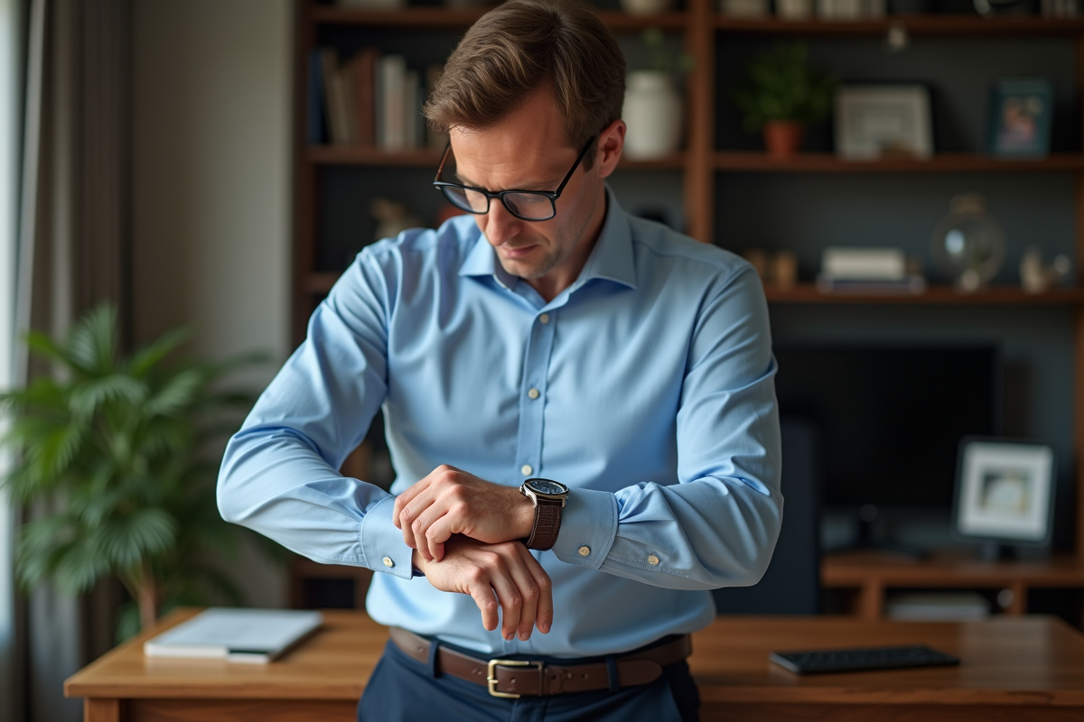 Homme d'âge moyen ajustant sa montre dans un bureau élégant