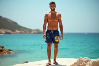 Homme portant un short de bain Ricard au bord de la mer Méditerranée sur une jetée en pierre