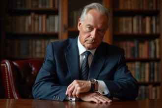 Homme d'un sixties ajustant sa montre datjust dans un bureau élégant